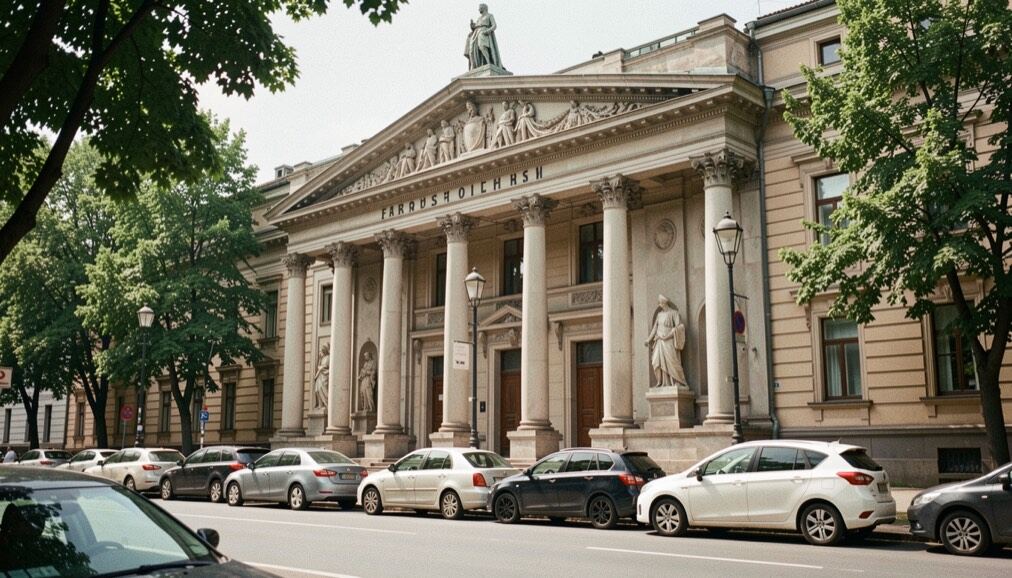 Fachada historicista de teatro urbano con columnas claras y figuras decorativas, rodeada de árboles verdes y peatones moviéndose en una mañana clara de verano.