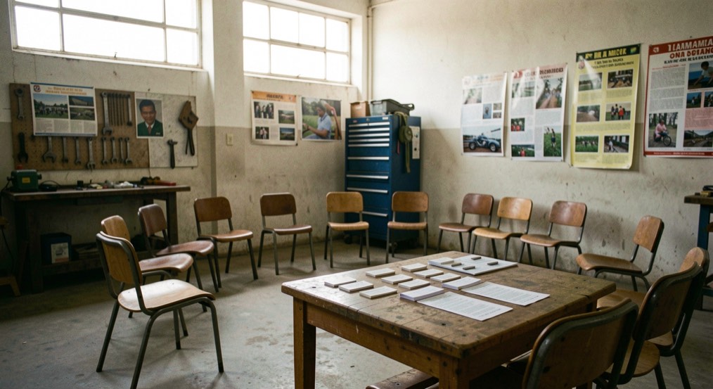 Sala de taller municipal con sillas dispuestas en círculo, fichas de inscripción sobre una mesa de madera, luz suave de tarde entrando por ventanales altos y carteles de actividades en la pared.