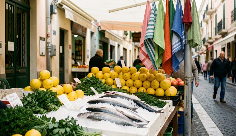 Puesto de mercado mediterráneo con pescado sobre hielo picado, limones apilados, hierbas frescas y paños de colores colgando, bajo una luz blanca de mediodía en una calle estrecha de Marsella.
