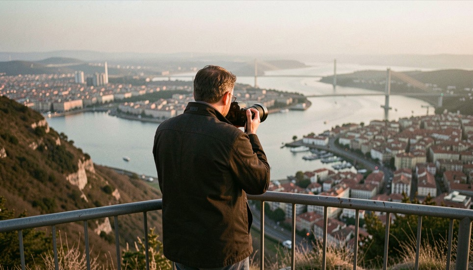 Fotógrafo de espaldas apoyado en la barandilla de un mirador en una ladera, con una cámara de teleobjetivo, mirando hacia una ciudad con una ría y puentes al fondo bajo la luz baja del atardecer.