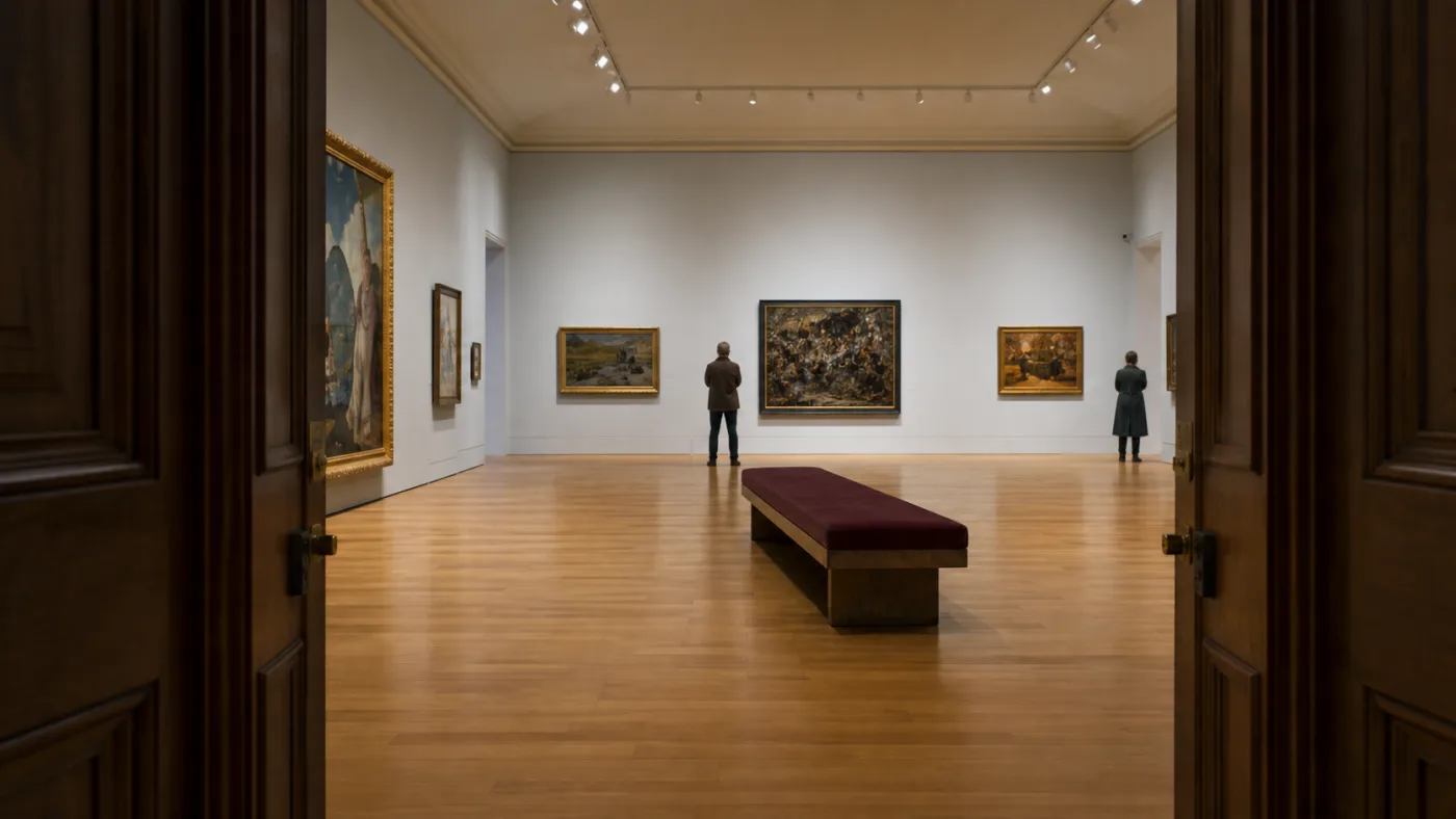 Sala tranquila de un museo de bellas artes vista entre puertas de madera, con banco central, cuadros espaciados y dos visitantes lejanos.