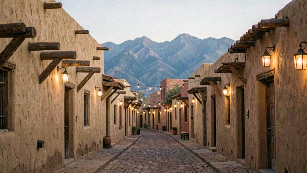 Calle de adobe ocre al atardecer en Santa Fe con vigas de madera saliendo de los muros, farolillos cálidos encendidos y montañas azuladas cerrando el horizonte bajo un cielo limpio.