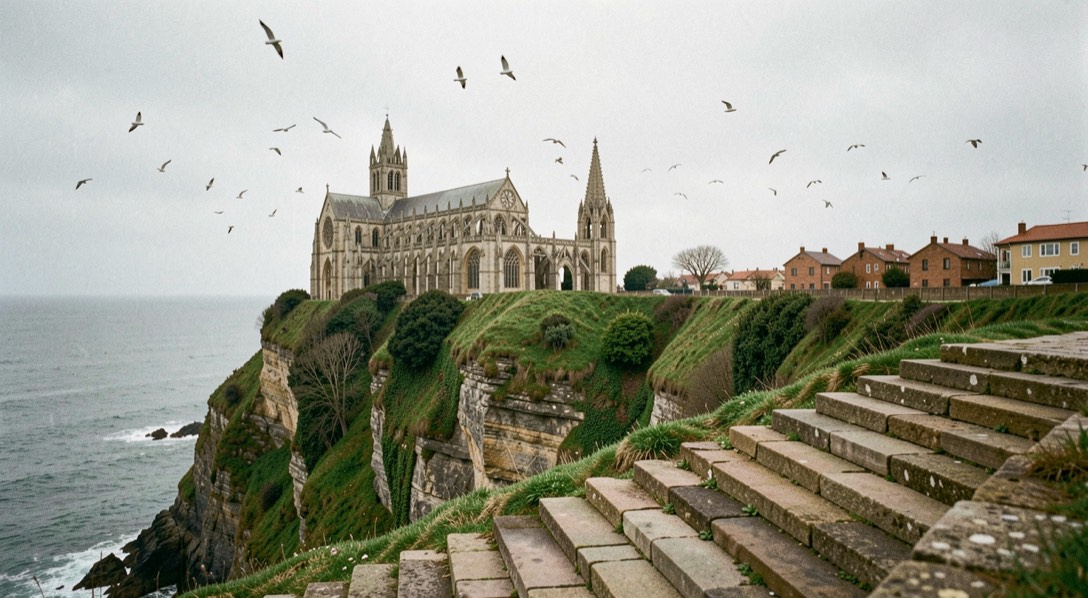 Ruinas de una abadía gótica sobre un acantilado verde junto a un mar gris, con escalones de piedra desgastada en primer plano, gaviotas cruzando el cielo y casas de ladrillo en la distancia.