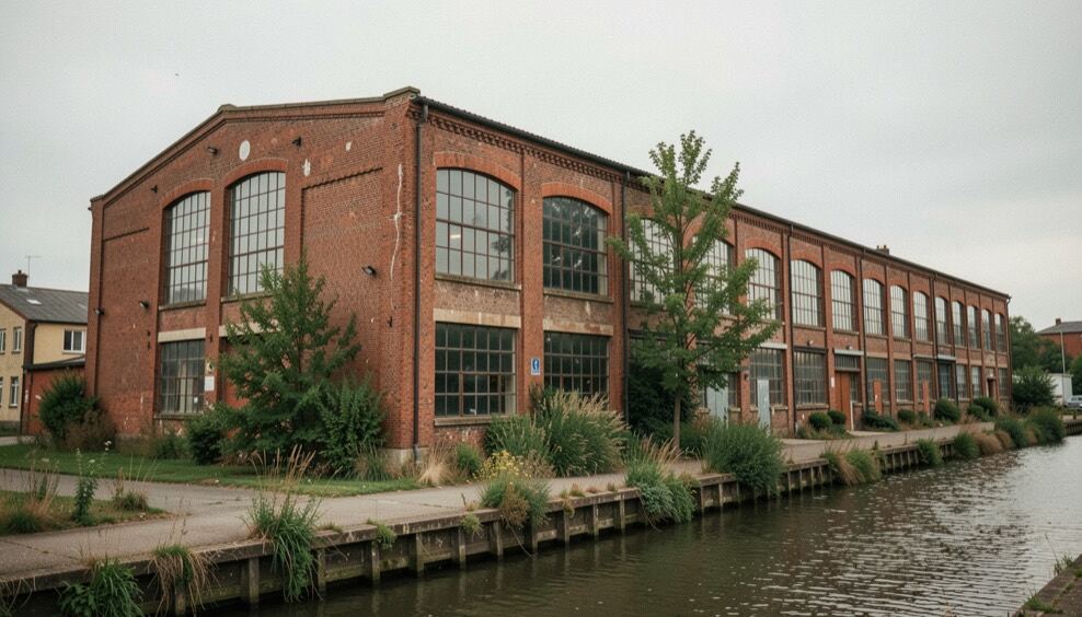 Antiguo almacén industrial de ladrillo rojo junto a un canal urbano, con ventanas grandes protegidas, vegetación espontánea en la base y cielo gris claro de mañana.
