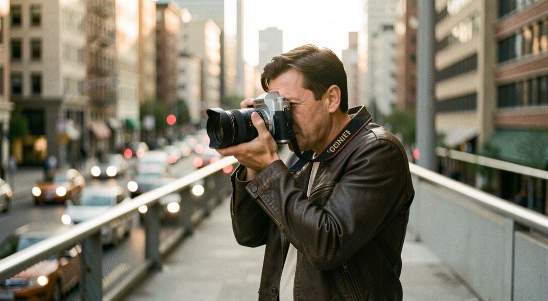 Persona fotografiando desde una pasarela urbana con cámara analógica durante la tarde, con reflejos urbanos desenfocados sobre el cristal cercano.