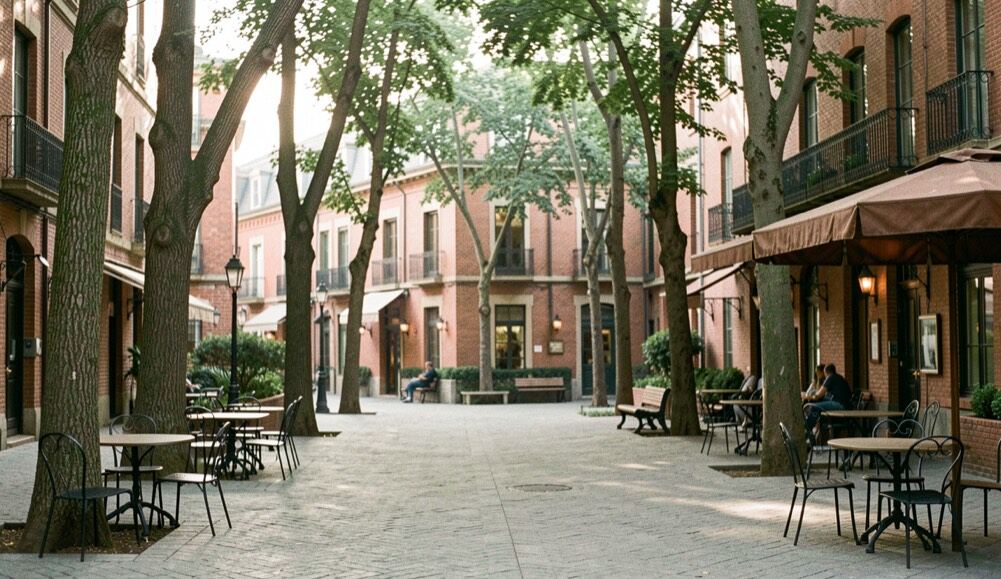 Plaza tranquila con árboles altos, terrazas vacías y fachadas de ladrillo rojo bañadas por una luz suave de mañana.